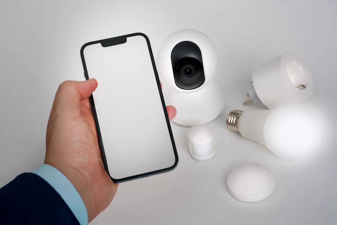 Smart home devices and mobile phone integration showing how AirPlay streams IPTV content from an iPhone to an Apple TV wirelessly